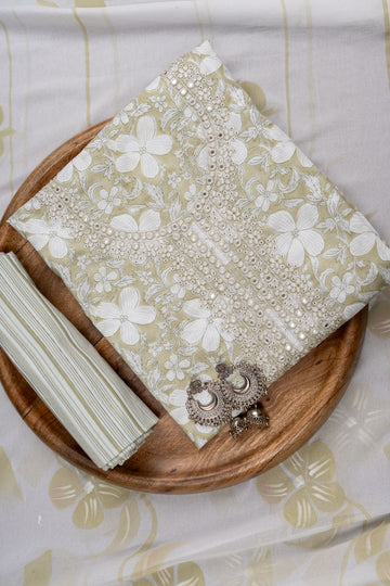 Pista Sequence, Mirror Sheet, Threadwork & Floral Printed Cotton Unstitched Salwar Suit With Cotton Dupatta