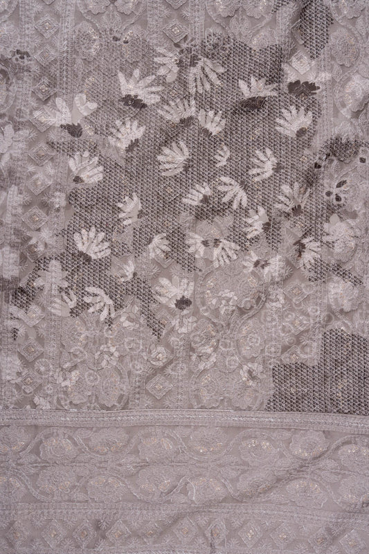 Grey Sequence, Threadwork & Floral Printed Georgette Unstitched Salwar Suit With Georgette Dupatta