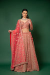 Coral Net Lehenga Set And Net Dupatta With Readymade Blouse