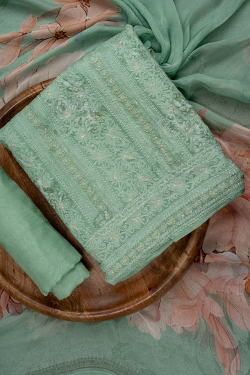 Mint Green Sequence, Threadwork & Floral Printed Cotton Unstitched Salwar Suit With Georgette Dupatta