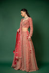 Coral Net Lehenga Set And Net Dupatta With Readymade Blouse