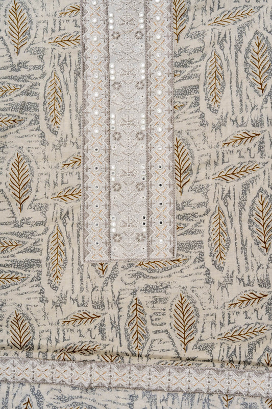 Off White Sequence, Mirror Sheet, Threadwork & Digital Printed Cotton Unstitched Salwar Suit With Cotton Dupatta