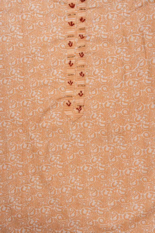 Peach Sequence, Threadwork & Floral Printed Cotton Unstitched Salwar Suit With Cotton Dupatta