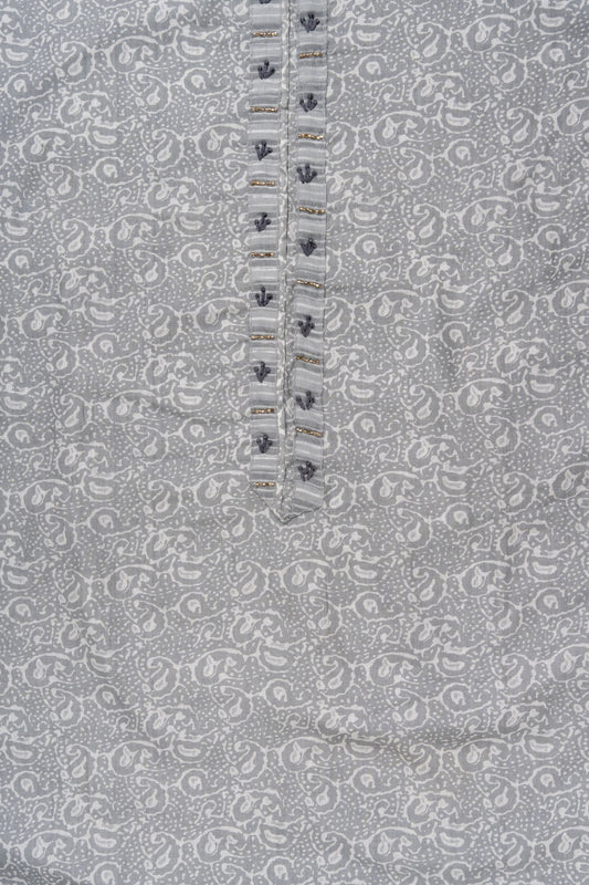 Grey Sequence, Threadwork & Floral Printed Cotton Unstitched Salwar Suit With Cotton Dupatta