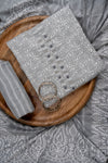 Grey Sequence, Threadwork & Floral Printed Cotton Unstitched Salwar Suit With Cotton Dupatta