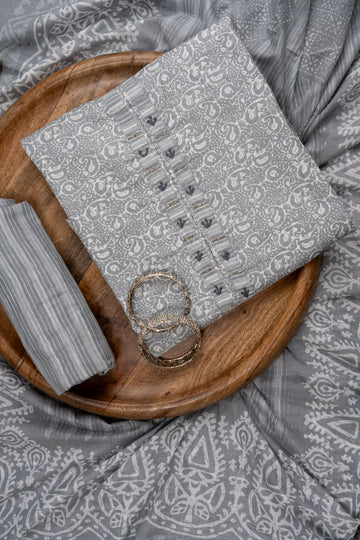 Grey Sequence, Threadwork & Floral Printed Cotton Unstitched Salwar Suit With Cotton Dupatta