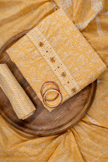 Mango Gold Sequence, Threadwork & Floral Printed Cotton Unstitched Salwar Suit With Cotton Dupatta