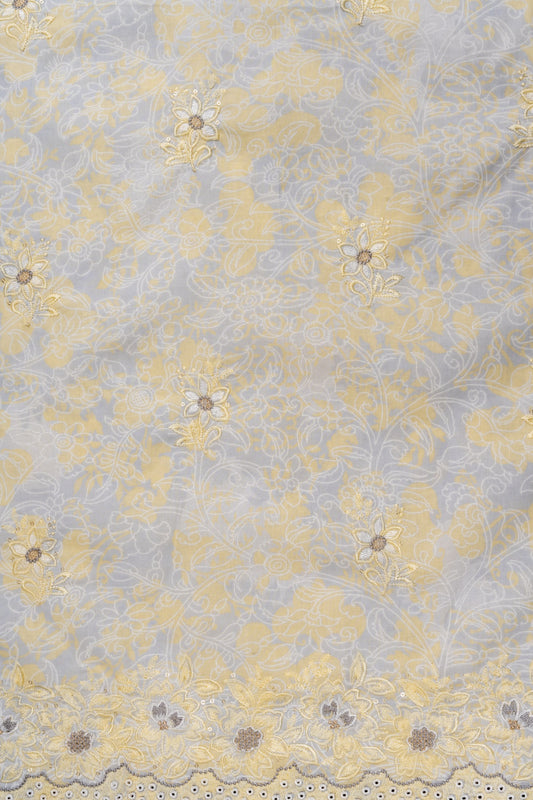 Lemon Gold Sequence, Threadwork & Floral Printed Cotton Unstitched Salwar Suit With Cotton Dupatta