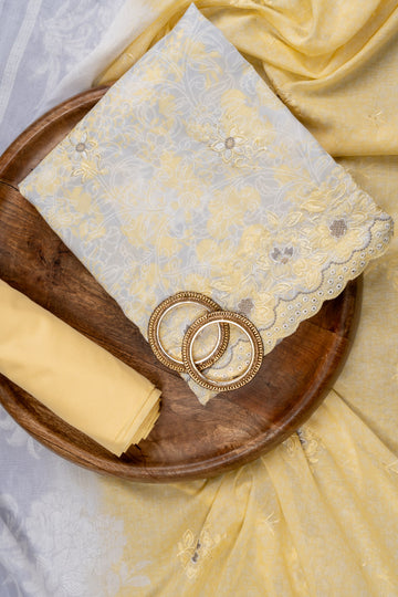 Lemon Gold Sequence, Threadwork & Floral Printed Cotton Unstitched Salwar Suit With Cotton Dupatta