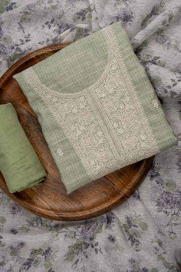 Pista Sequence, Threadwork & Floral Printed Cotton Unstitched Salwar Suit With Cotton Dupatta