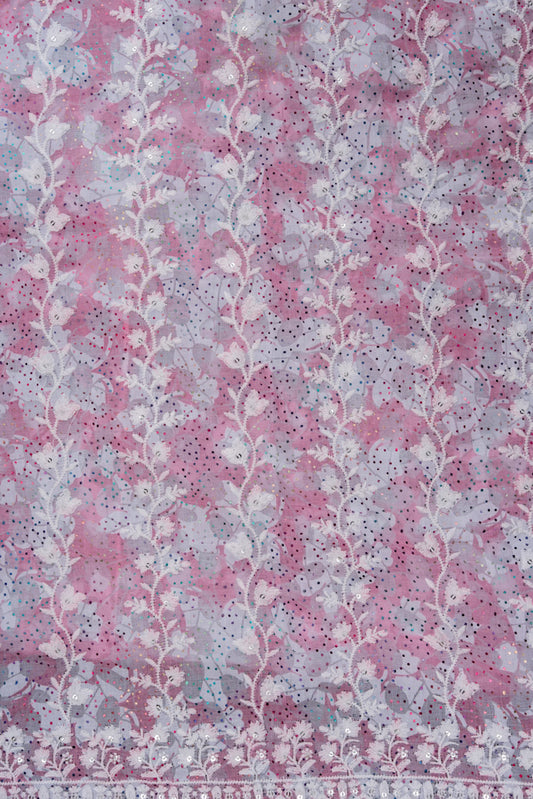 Pink Sequence, Threadwork & Floral Printed Cotton Unstitched Salwar Suit With Cotton Dupatta