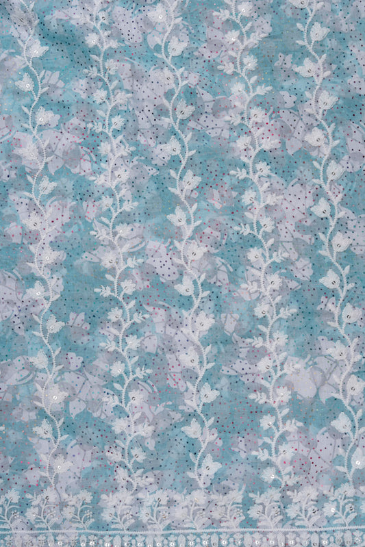 Sea Green Sequence, Threadwork & Floral Printed Cotton Unstitched Salwar Suit With Cotton Dupatta