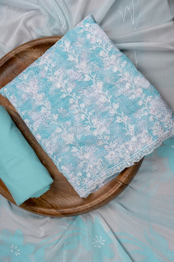 Sea Green Sequence, Threadwork & Floral Printed Cotton Unstitched Salwar Suit With Cotton Dupatta