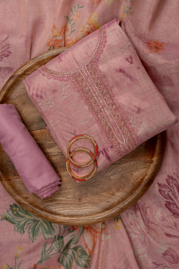 Onion Bead, Cutdana, Sequence, Threadwork, Zarkan & Digital Printed Cotton Unstitched Salwar Suit With Cotton Dupatta