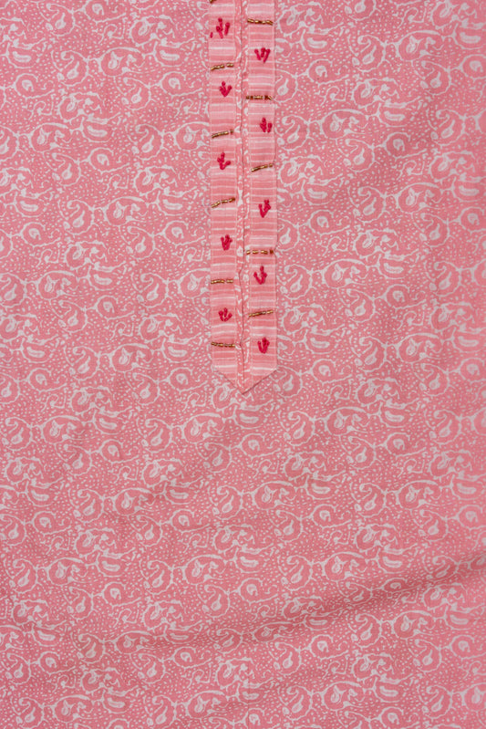 Pink Sequence, Threadwork & Floral Printed Cotton Unstitched Salwar Suit With Cotton Dupatta
