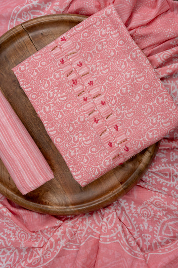 Pink Sequence, Threadwork & Floral Printed Cotton Unstitched Salwar Suit With Cotton Dupatta