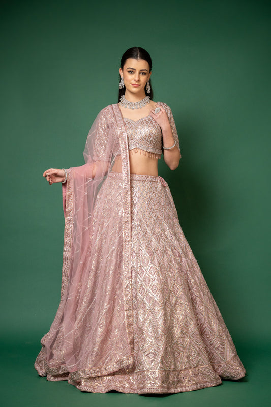 Gajari Embroidered Net Lehenga Set And Net Dupatta With Readymade Blouse