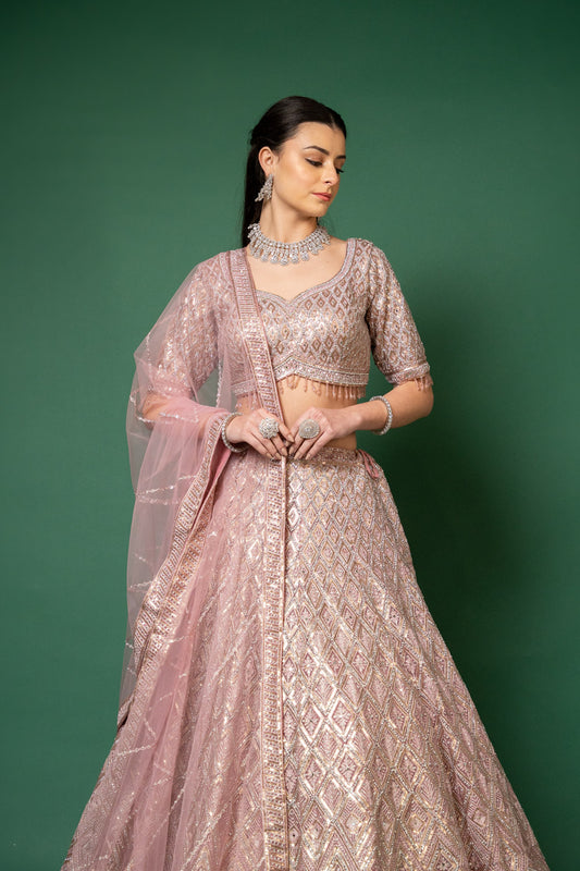 Gajari Embroidered Net Lehenga Set And Net Dupatta With Readymade Blouse
