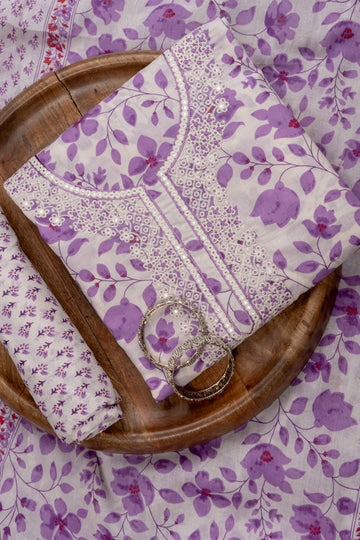 White With Purple Mirror Sheet, Sequence, Threadwork & Floral Printed Cotton Unstitched Salwar Suit With Cotton Dupatta