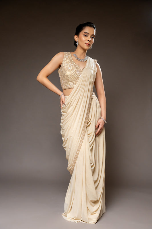 Tussar Cutdana, Bead & Sequence Lycra Pre-Draped Designer Saree With Readymade Blouse