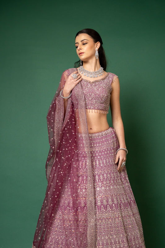 Mauve Mirror, Zari, Threadwork, Embroidered, Bead, Sequence Georgette Lehenga Set With Readymade Blouse