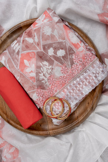 Peach Sequence, Threadwork & Digital Printed Cotton Unstitched Salwar Suit With Cotton Dupatta