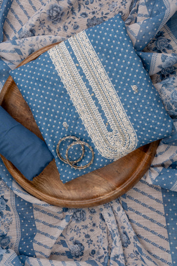 Blue Grey Sequence, Zari Threadwork & Digital Printed Cotton Unstitched Salwar Suit With Cotton Dupatta