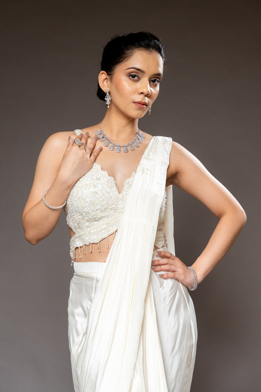 White Cutdana, Bead & Sequence Lycra Pre-Draped Designer Saree With Readymade Blouse