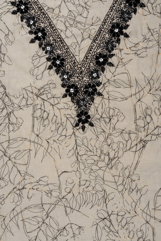 Off White Sequence, Threadwork & Digital Printed Cotton Unstitched Salwar Suit With Georgette Dupatta