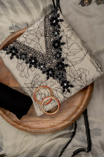 Off White Sequence, Threadwork & Digital Printed Cotton Unstitched Salwar Suit With Georgette Dupatta