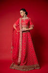Coral Raw Silk Lehenga Set And Net Dupatta With Readymade Blouse