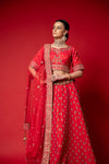 Coral Raw Silk Lehenga Set And Net Dupatta With Readymade Blouse