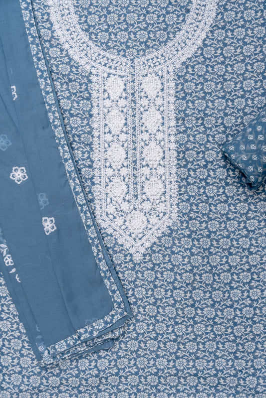 Grey Sequence, Threadwork & Floral Printed Cotton Unstitched Salwar Suit With Cotton Dupatta