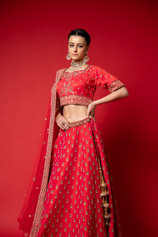 Coral Raw Silk Lehenga Set And Net Dupatta With Readymade Blouse