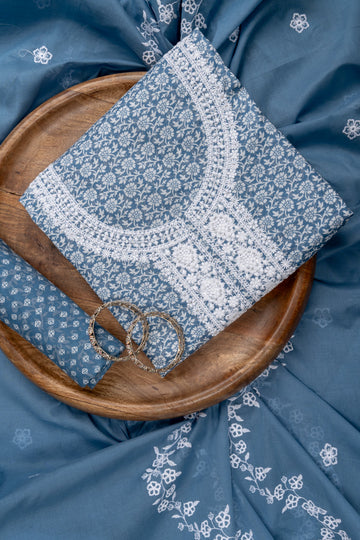 Grey Sequence, Threadwork & Floral Printed Cotton Unstitched Salwar Suit With Cotton Dupatta