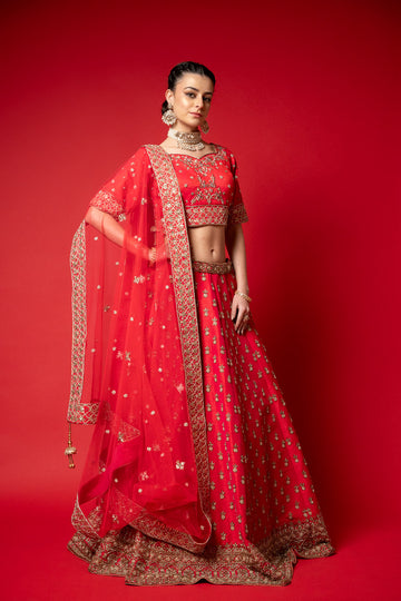 Coral Raw Silk Lehenga Set And Net Dupatta With Readymade Blouse
