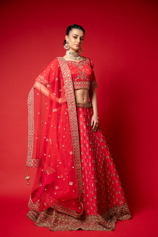Coral Raw Silk Lehenga Set And Net Dupatta With Readymade Blouse