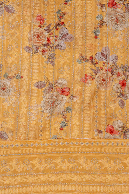 Mango Gold Sequence, Threadwork & Floral Printed Georgette Unstitched Salwar Suit With Georgette Dupatta