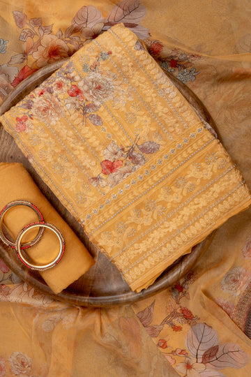 Mango Gold Sequence, Threadwork & Floral Printed Georgette Unstitched Salwar Suit With Georgette Dupatta
