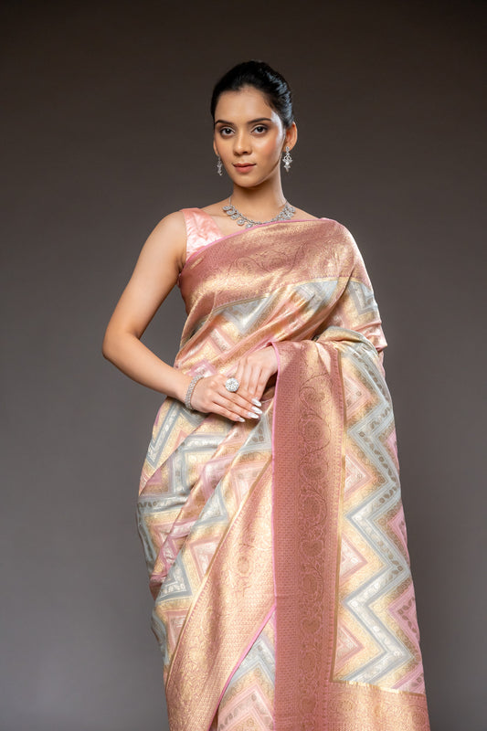 Peach Georgette Banarasi Woven Zari Saree With Unstitched Blouse
