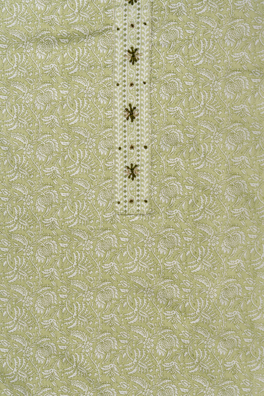 Pista Sequence, Threadwork & Floral Printed Cotton Unstitched Salwar Suit With Cotton Dupatta