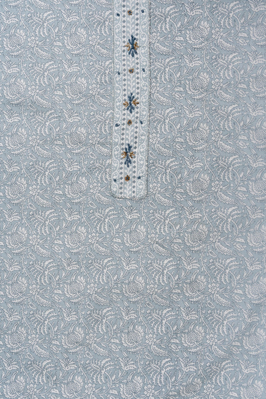 Grey Sequence, Threadwork & Floral Printed Cotton Unstitched Salwar Suit With Cotton Dupatta