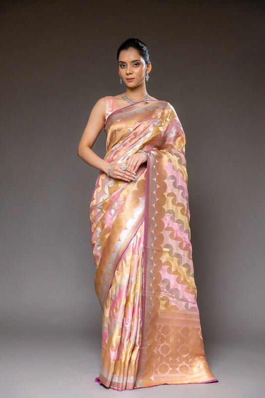 Pink Banarasi Woven Zari Silk Saree With Unstitched Blouse