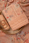 Peach Sequence, Threadwork & Floral Printed Georgette Unstitched Salwar Suit With Georgette Dupatta