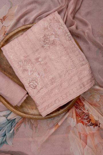 Peach Sequence, Threadwork & Floral Printed Cotton Unstitched Salwar Suit With Georgette Dupatta