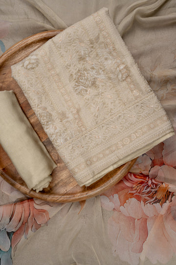 Tussar Sequence, Threadwork & Floral Printed Cotton Unstitched Salwar Suit With Georgette Dupatta