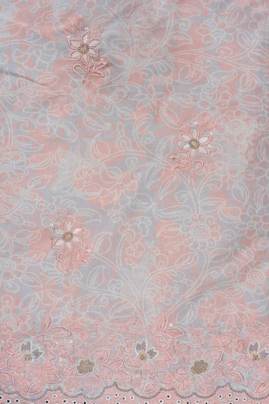 Peach Sequence, Threadwork & Floral Printed Cotton Unstitched Salwar Suit With Cotton Dupatta