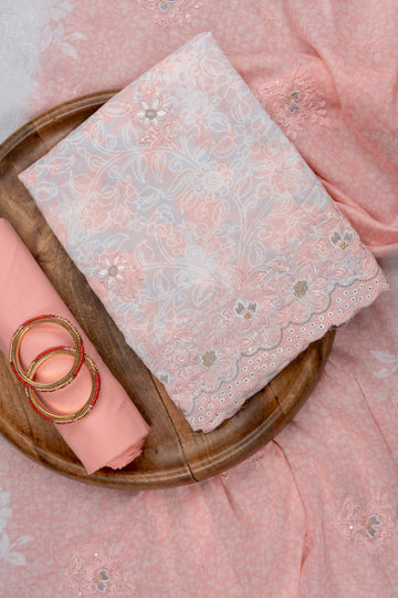 Peach Sequence, Threadwork & Floral Printed Cotton Unstitched Salwar Suit With Cotton Dupatta