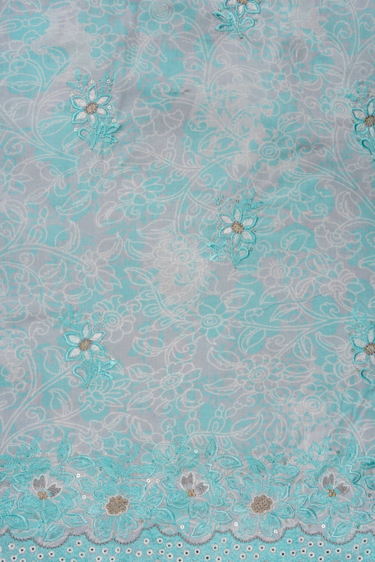 Tea Green Sequence, Threadwork & Floral Printed Cotton Unstitched Salwar Suit With Cotton Dupatta