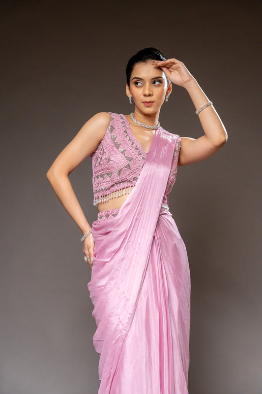 Onion Cutdana, Bead & Sequence Chinon Pre-Draped Designer Saree With Readymade Blouse